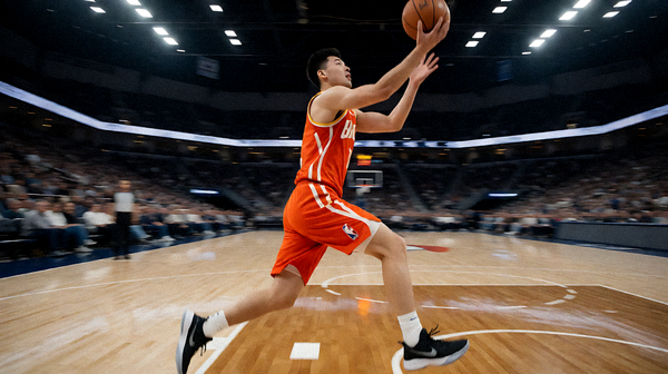 NBA篮球比赛现场，球员突破上篮的瞬间